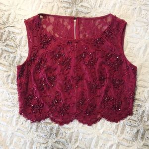 Burgundy Sheer Beaded Crop-Top